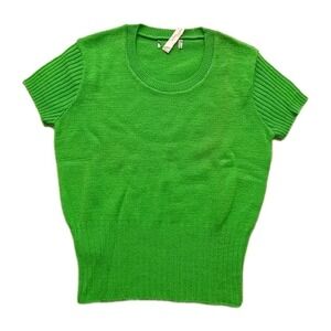 Vtg Short Sleeve Knit Sweater Virgin Wool Lime Green Ribbed Womens Mod USA READ